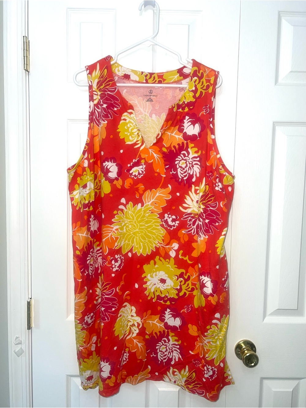 Lands' End Red Floral V-Neck Swim Coverup with Yellow & Orange Accents